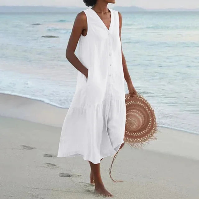 Cavell™ – Mouwloze Zomerjurk met Knoopsluiting
