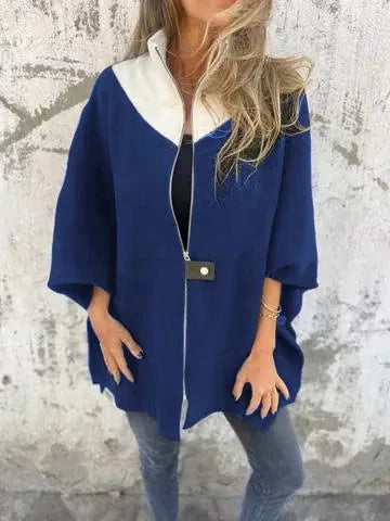 Cavell™ – Elegante Cape Cardigan met Contrasterende Kraag & Losvallende Pasvorm