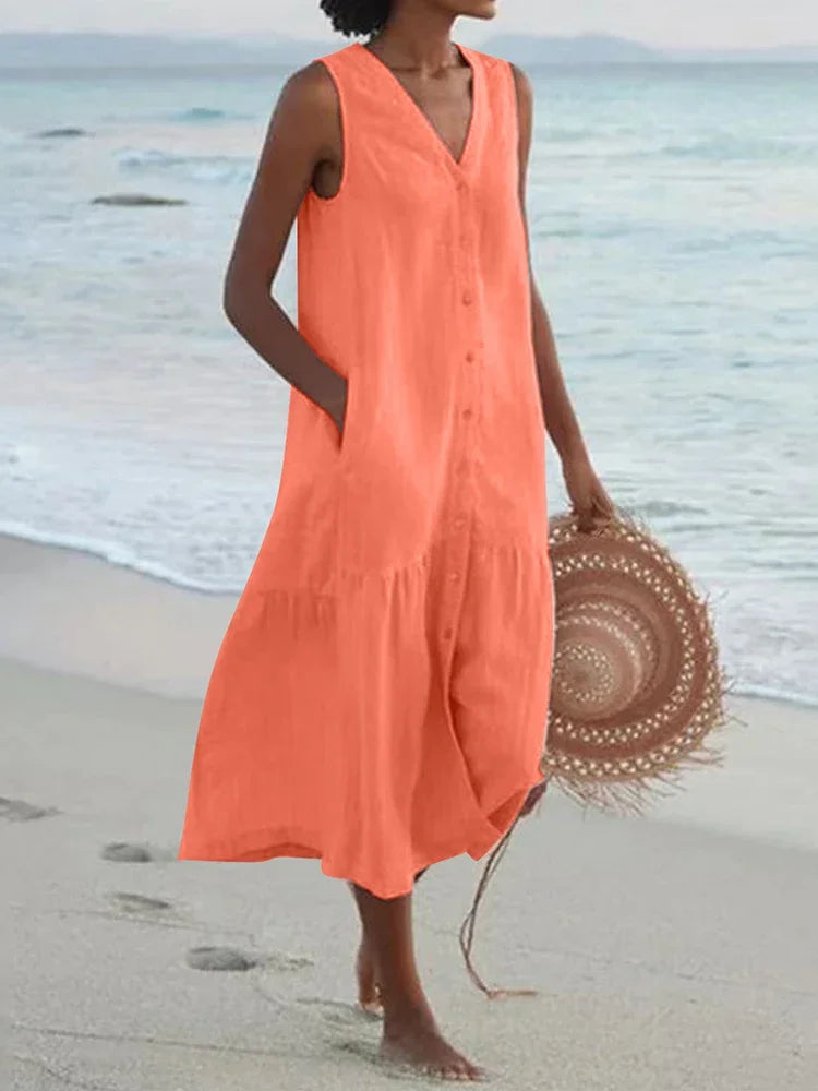 Cavell™ – Mouwloze Zomerjurk met Knoopsluiting