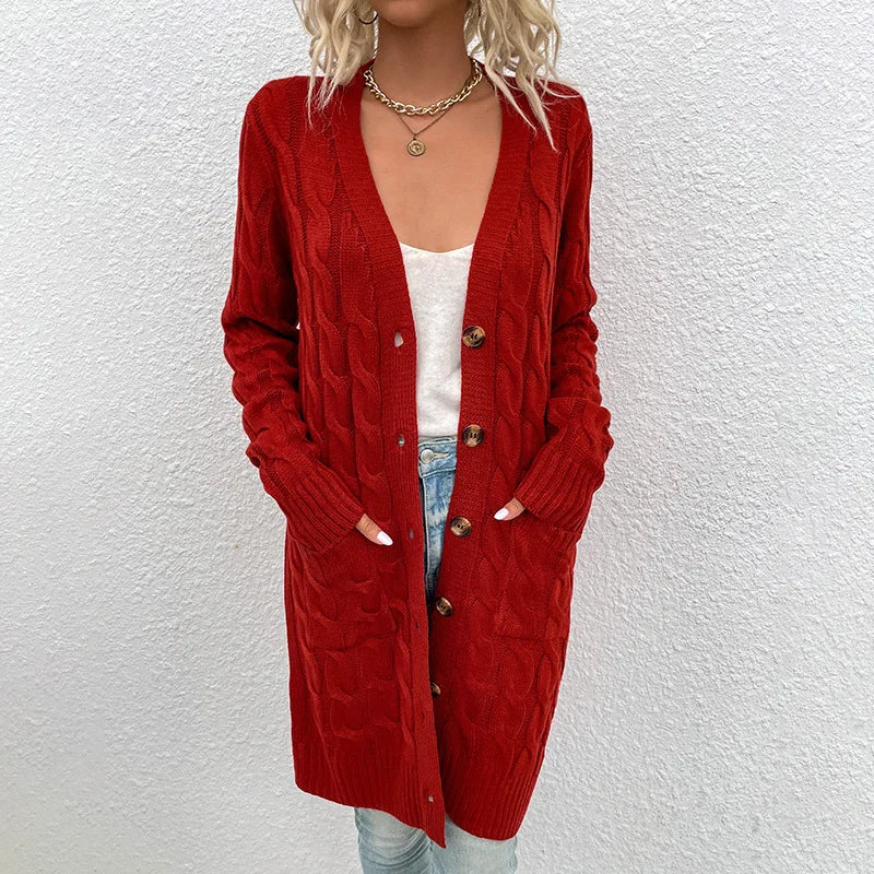 Cavell™ – Lange Gebreide Cardigan met Kabelpatroon & Zachte Pasvorm