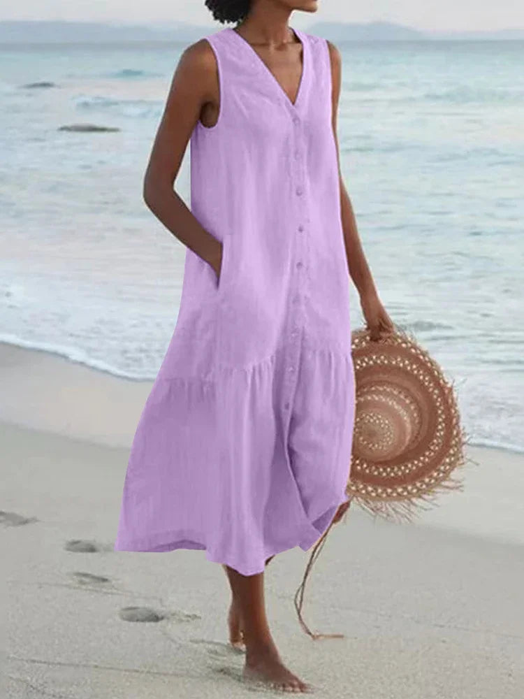 Cavell™ – Mouwloze Zomerjurk met Knoopsluiting