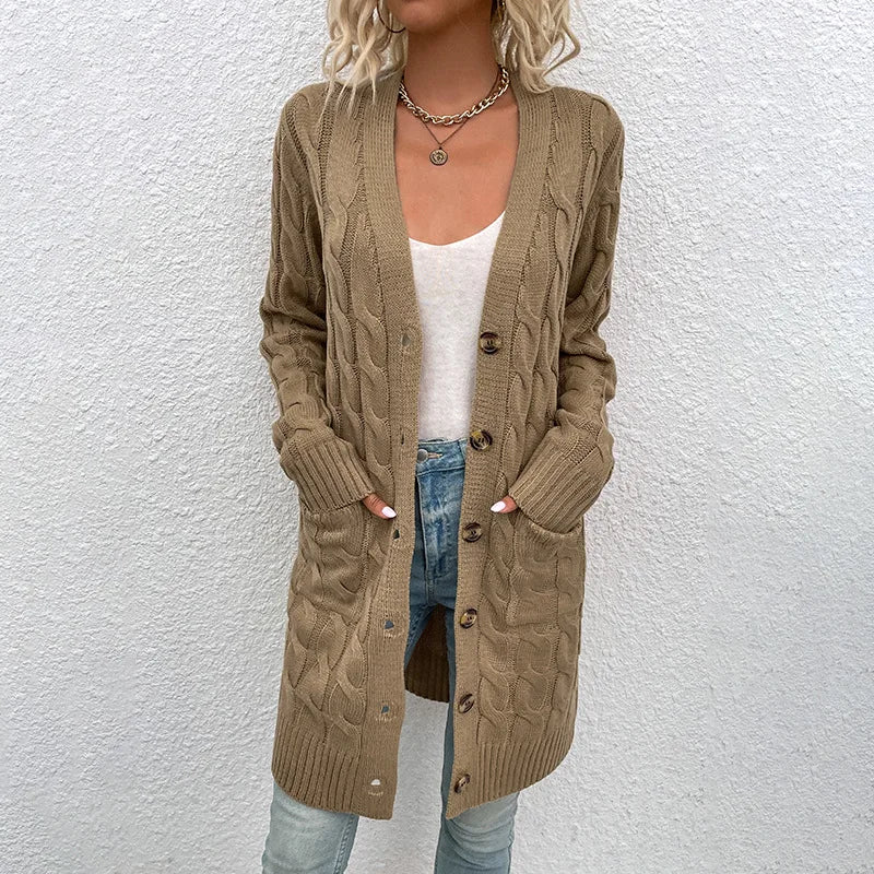 Cavell™ – Lange Gebreide Cardigan met Kabelpatroon & Zachte Pasvorm