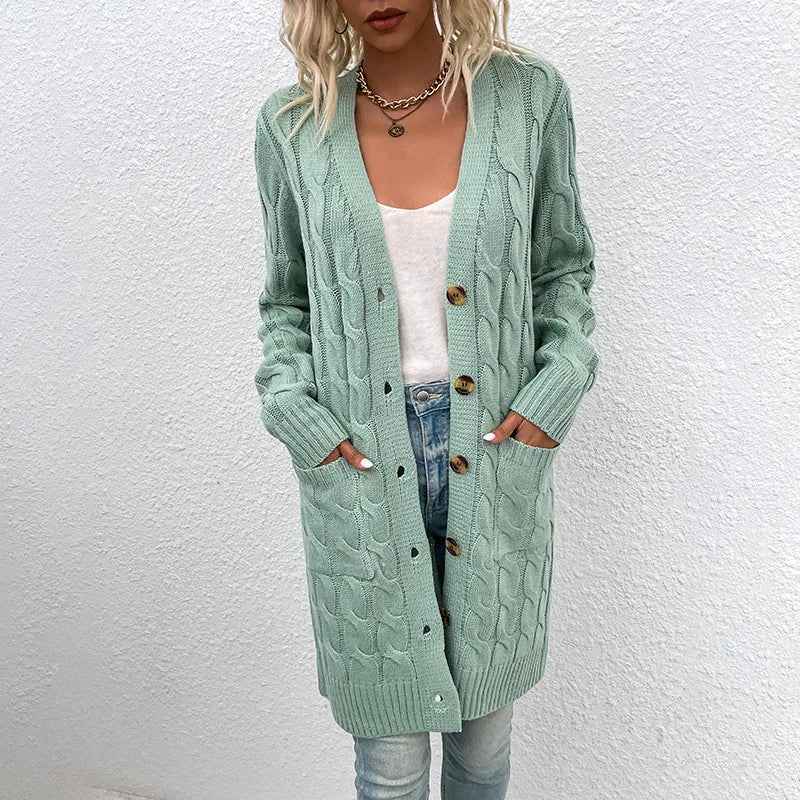 Cavell™ – Lange Gebreide Cardigan met Kabelpatroon & Zachte Pasvorm