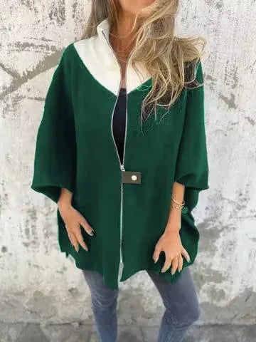 Cavell™ – Elegante Cape Cardigan met Contrasterende Kraag & Losvallende Pasvorm