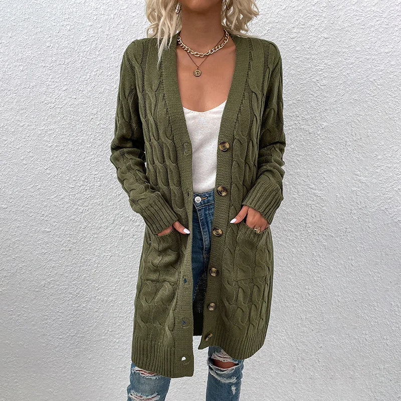 Cavell™ – Lange Gebreide Cardigan met Kabelpatroon & Zachte Pasvorm
