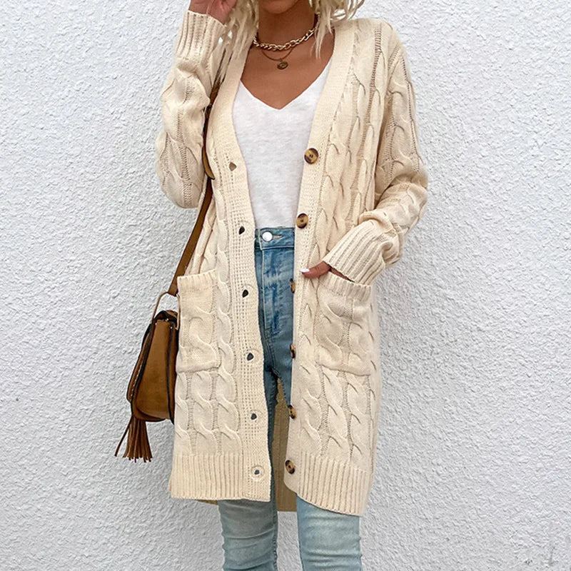 Cavell™ – Lange Gebreide Cardigan met Kabelpatroon & Zachte Pasvorm