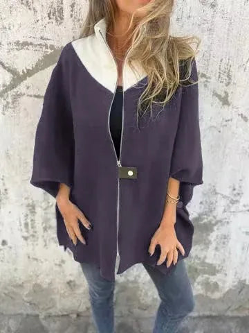 Cavell™ – Elegante Cape Cardigan met Contrasterende Kraag & Losvallende Pasvorm