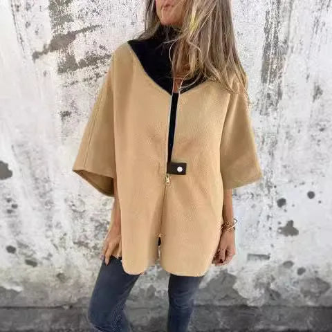 Cavell™ – Elegante Cape Cardigan met Contrasterende Kraag & Losvallende Pasvorm