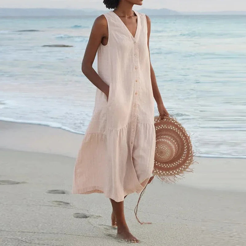 Cavell™ – Mouwloze Zomerjurk met Knoopsluiting