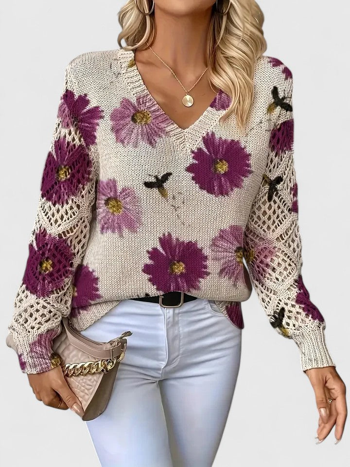 Cavell™ – Gebreide Bloementrui met Elegante V-hals & Comfort Fit