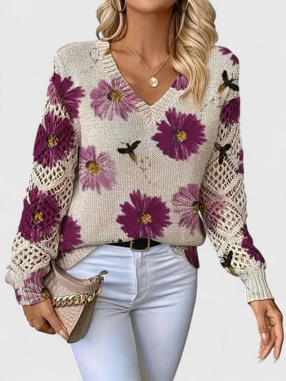 Cavell™ – Gebreide Bloementrui met Elegante V-hals & Comfort Fit