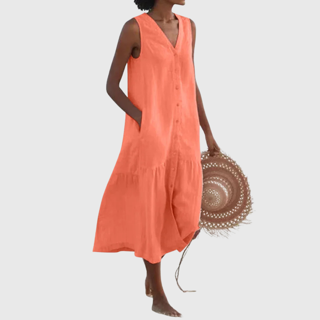 Cavell™ – Mouwloze Zomerjurk met Knoopsluiting