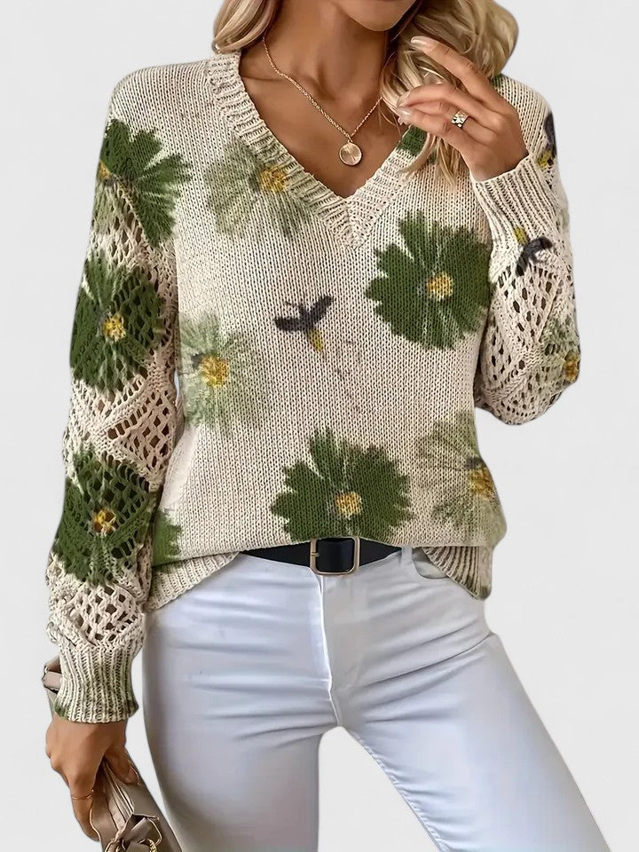 Cavell™ – Gebreide Bloementrui met Elegante V-hals & Comfort Fit