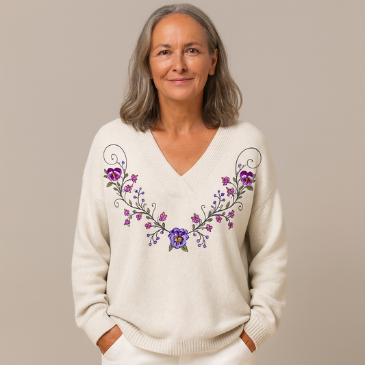 Cavell™ – V-hals Trui met Elegante Bloemenborduursels