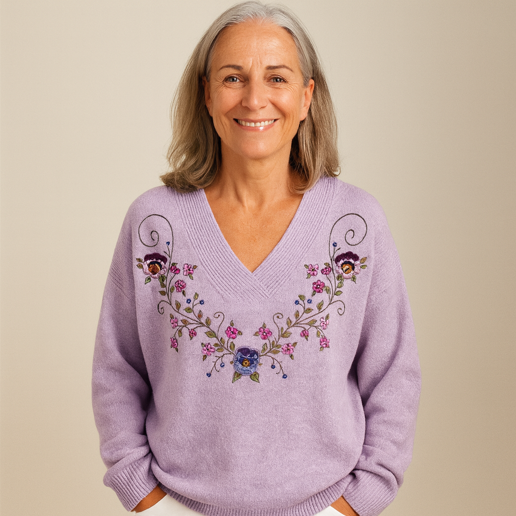 Cavell™ – V-hals Trui met Elegante Bloemenborduursels