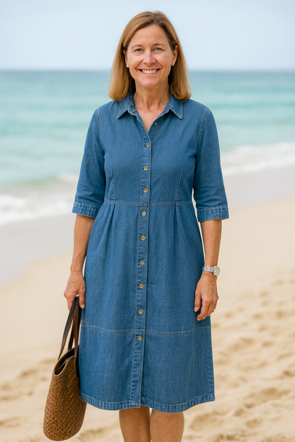 Cavell™ – Denim Jurk met Knoopsluiting & Losvallende Elegantie
