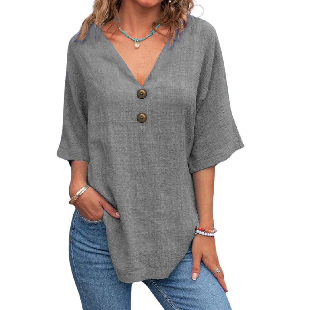 Cavell™ – Katoenen V-hals Top met Knoopdetail