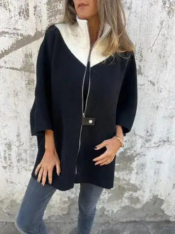 Cavell™ – Elegante Cape Cardigan met Contrasterende Kraag & Losvallende Pasvorm