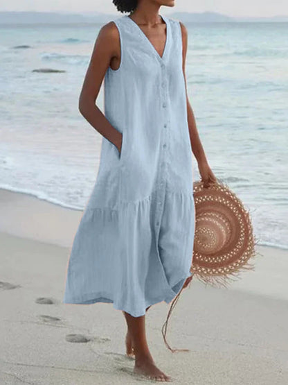Cavell™ – Mouwloze Zomerjurk met Knoopsluiting