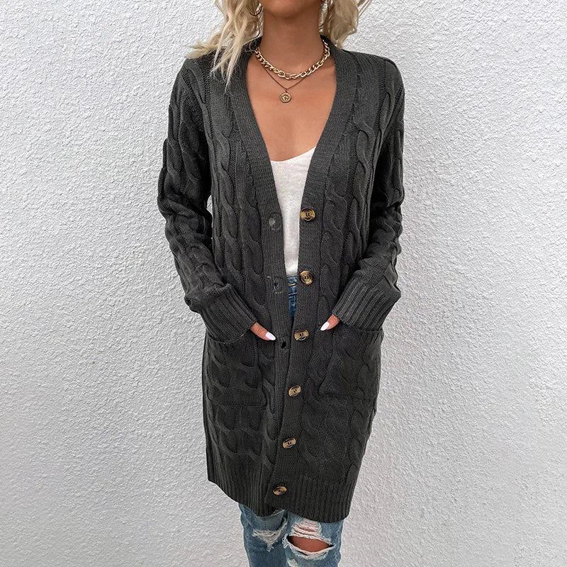 Cavell™ – Lange Gebreide Cardigan met Kabelpatroon & Zachte Pasvorm