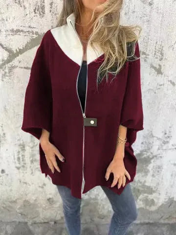 Cavell™ – Elegante Cape Cardigan met Contrasterende Kraag & Losvallende Pasvorm