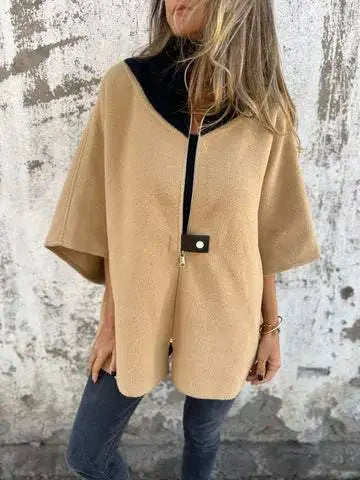 Cavell™ – Elegante Cape Cardigan met Contrasterende Kraag & Losvallende Pasvorm