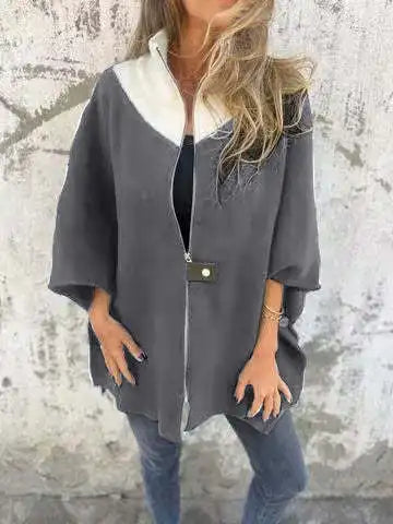 Cavell™ – Elegante Cape Cardigan met Contrasterende Kraag & Losvallende Pasvorm