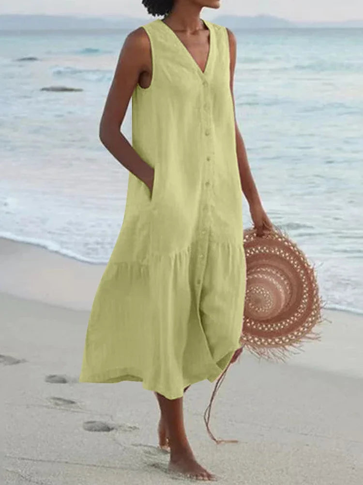 Cavell™ – Mouwloze Zomerjurk met Knoopsluiting