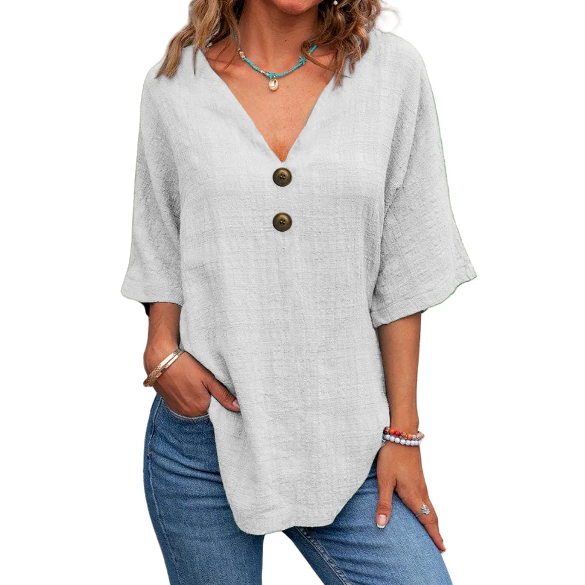 Cavell™ – Katoenen V-hals Top met Knoopdetail