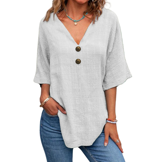 Cavell™ – Katoenen V-hals Top met Knoopdetail