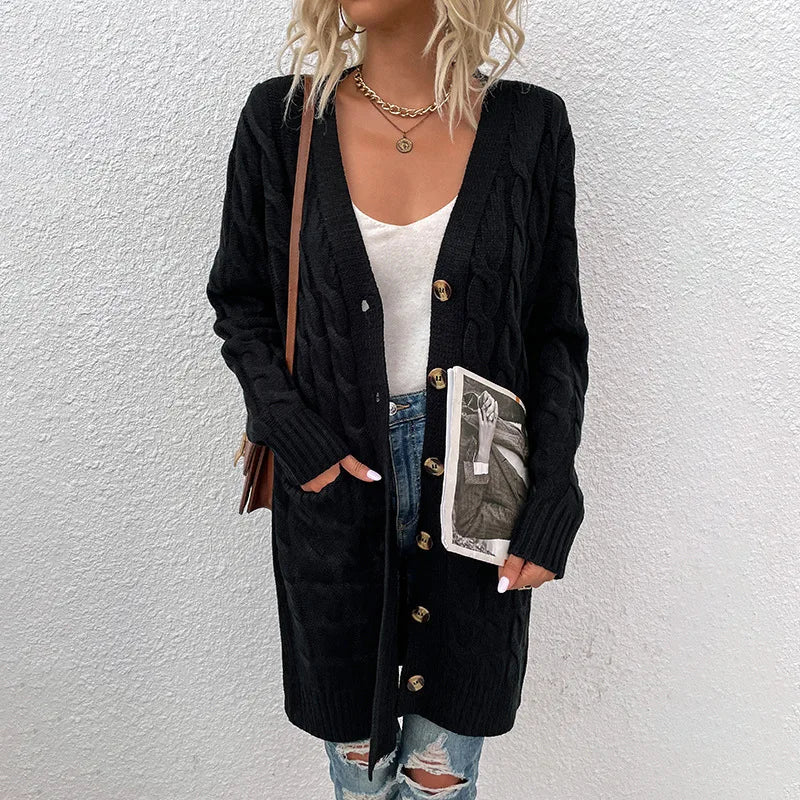 Cavell™ – Lange Gebreide Cardigan met Kabelpatroon & Zachte Pasvorm