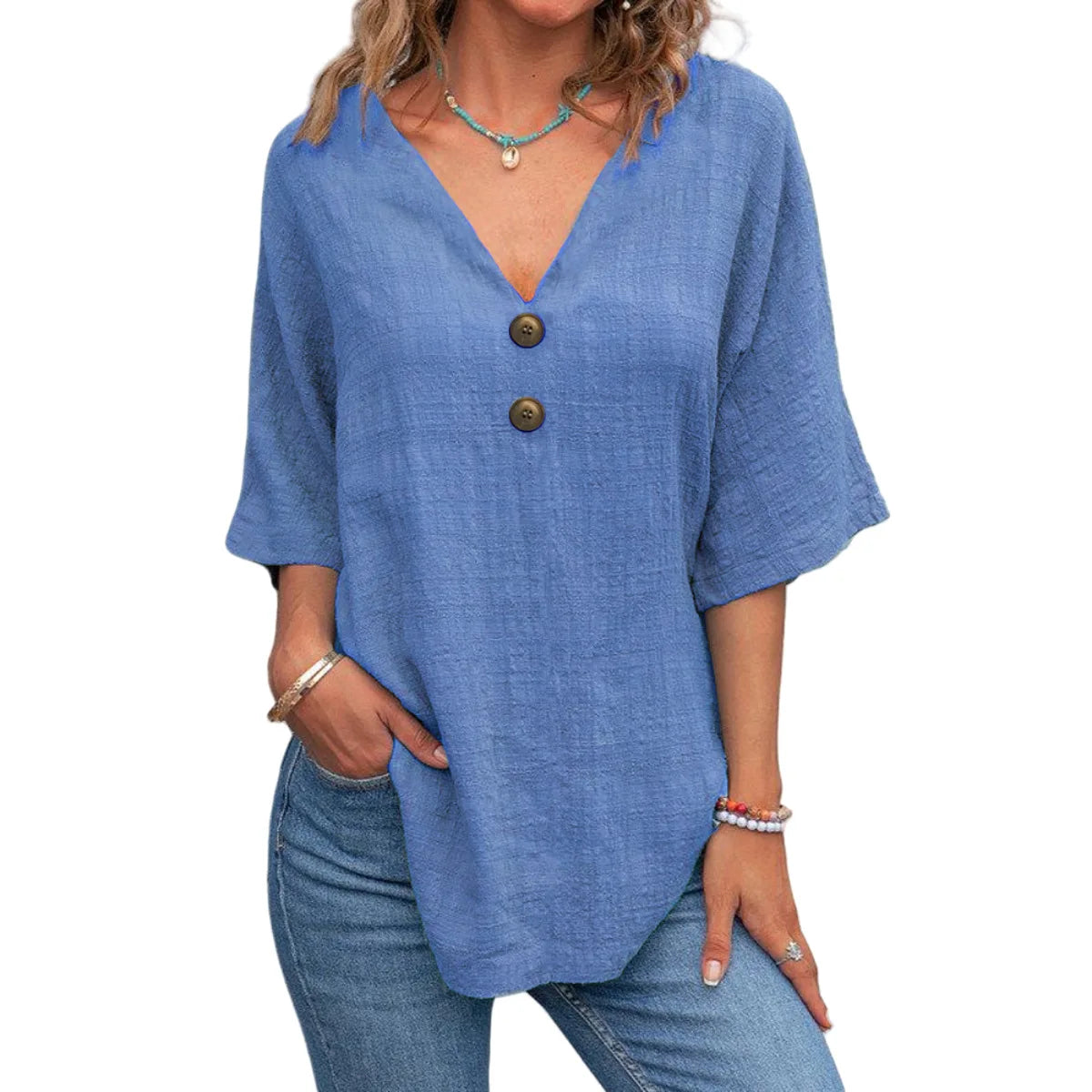 Cavell™ – Katoenen V-hals Top met Knoopdetail