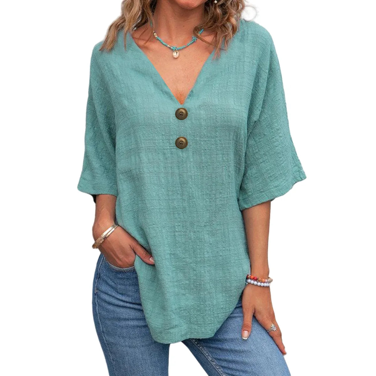 Cavell™ – Katoenen V-hals Top met Knoopdetail